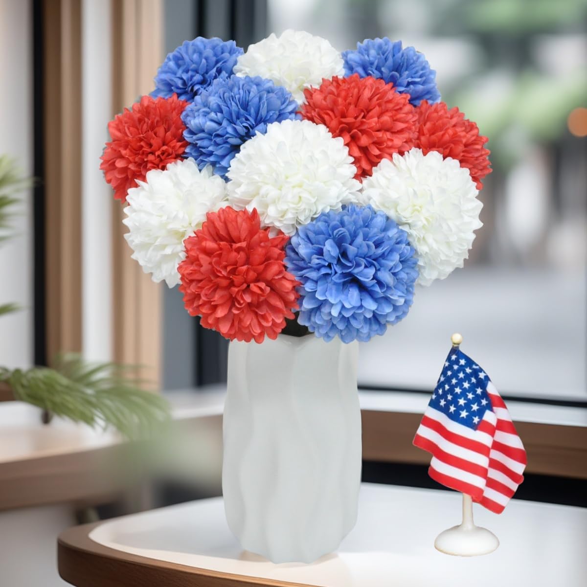 Artificial Flowers Chrysanthemum Ball Flowers 4th of July 12pcs Bouquet Present for Important People Glorious Moral for Home Office Coffee House Deco Parties and Wedding(White&Red&Blue)
