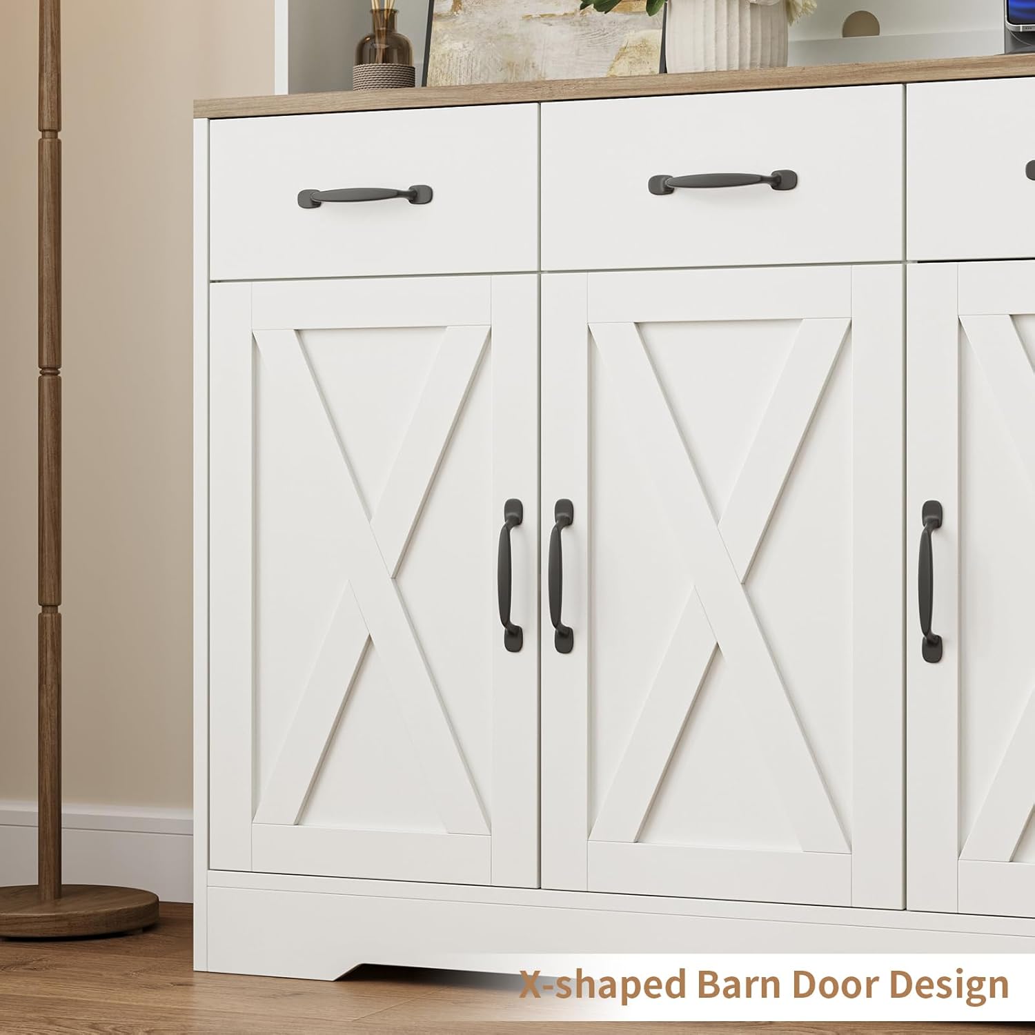 71'' Tall Kitchen Pantry Storage Cabinet with Charging Station, Farmhouse Pantry Cabinet with 3 Drawers & 4 Cabinets, Wide Kitchen Hutch with Countertop for Dining Room, White