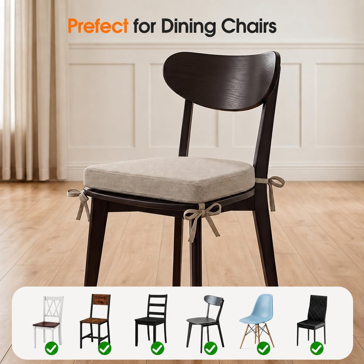 Memory Foam Chair Cushions for Dining Chairs, 2.5" Thick Seat Cushions for Kitchen Chairs, D-Shaped Chair Pads with Washable Cover, Ties and Non Slip Backing, 17'' x 16'', Set of 4, Beige
