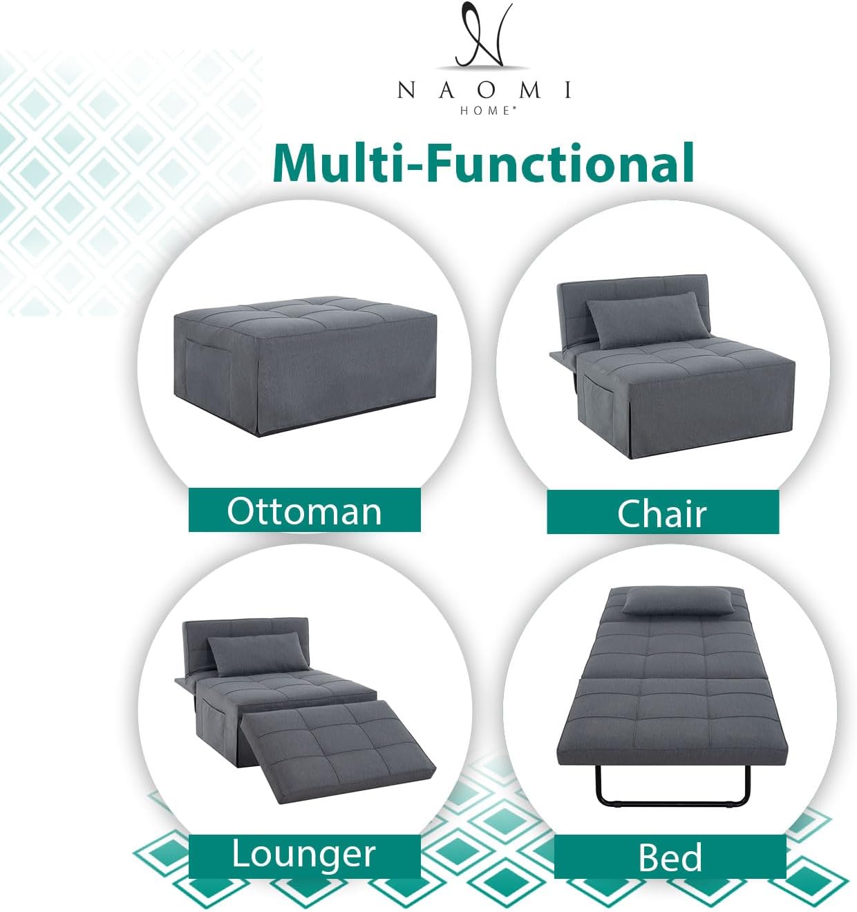 Naomi Home 4-in-1 Folding Chair Bed, Space-Saving Convertible Sleeper Sofa for Apartments & Guest Rooms, Adjustable Backrest, Linen Fabric, Includes Support Pillow in Gray