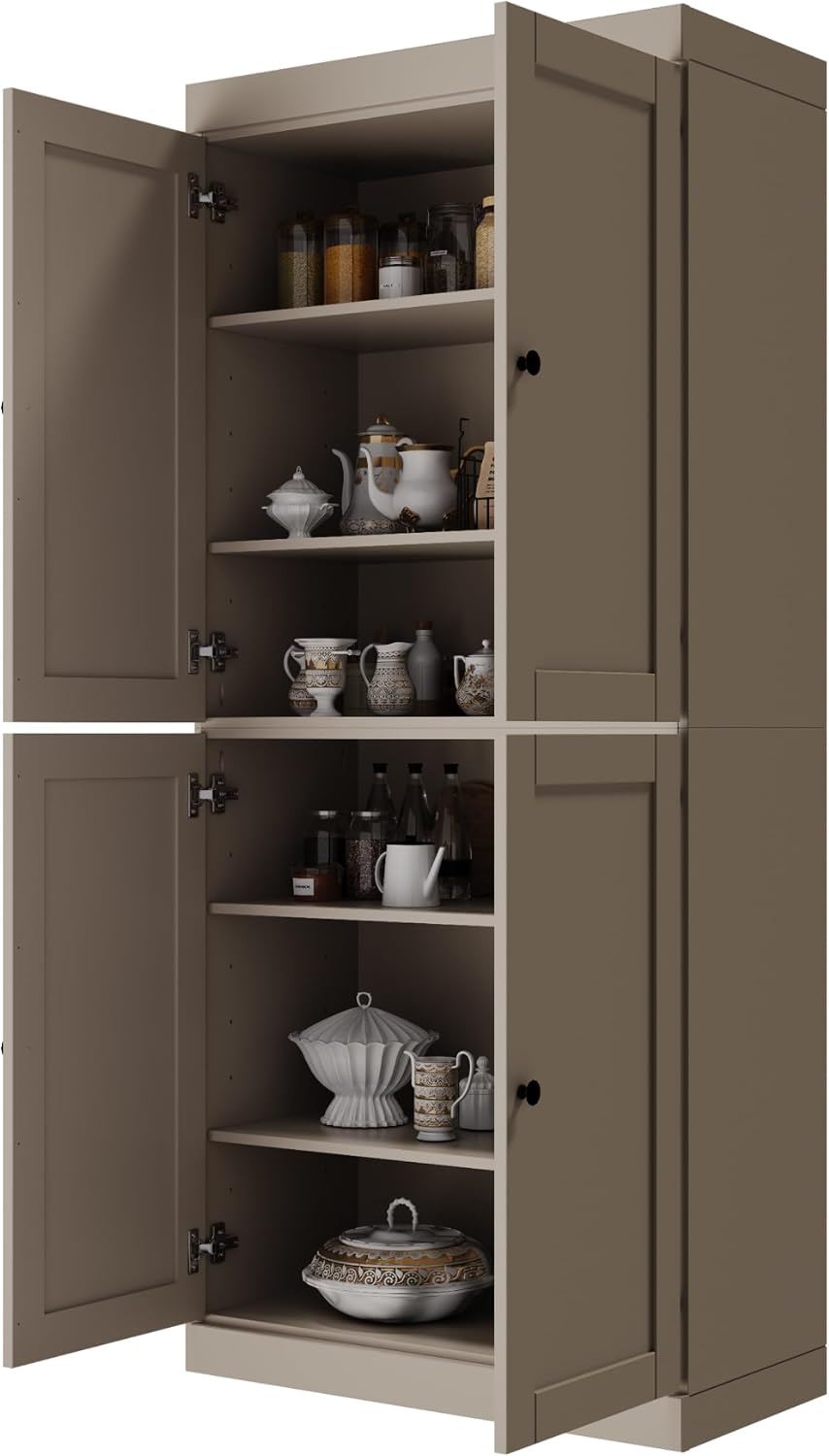 Palace Imports Solid Wood Kitchen Pantry Cabinet - 71.5" Tall x 32" Wide - Wooden Storage Cabinet with 4 Shaker Doors & 4 Adjustable Shelves, Beige, 100% Renewable Eco-Friendly Wood, Made in Brazil