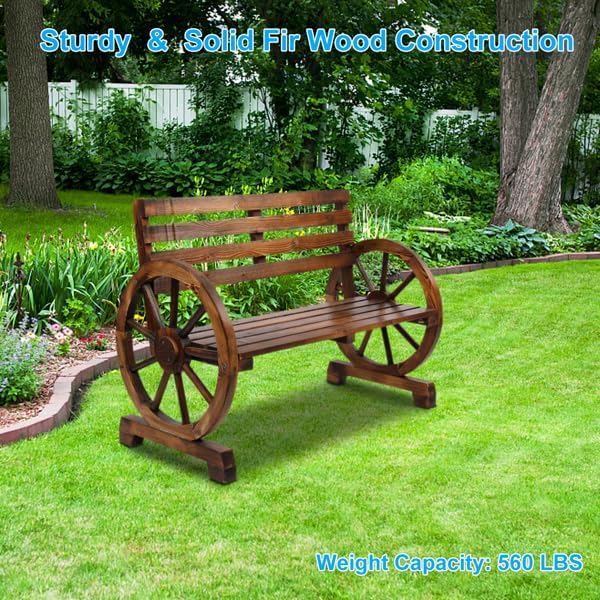 Rustic 2 Person Wooden Wagon Wheel Outdoor Bench, Solid Fir Wood Patio Garden Bench with Slatted Seat & Backrest, Brown Vintage Yard Leisure Chair