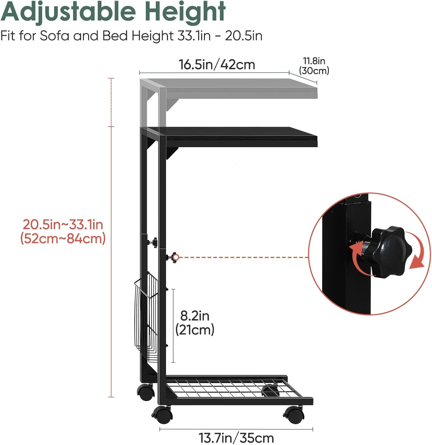 C Shaped End Table Small Side Table with Wheels Slide Under Couch Table for Sofa Adjustable Height C Table with Metal Frame for Living Room Bedroom Bedside, Black