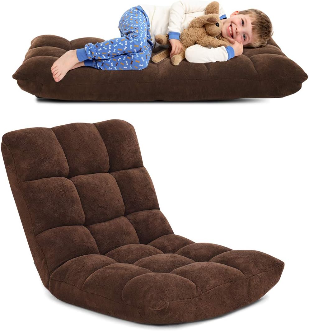 14-Position Adjustable Floor Chair, Folding Gaming Sofa Chair with Back Support, Padded Floor Gaming Chair for Adults, Sleeper Lounge Couch Recliner for Reading Gaming Meditation (Brown)