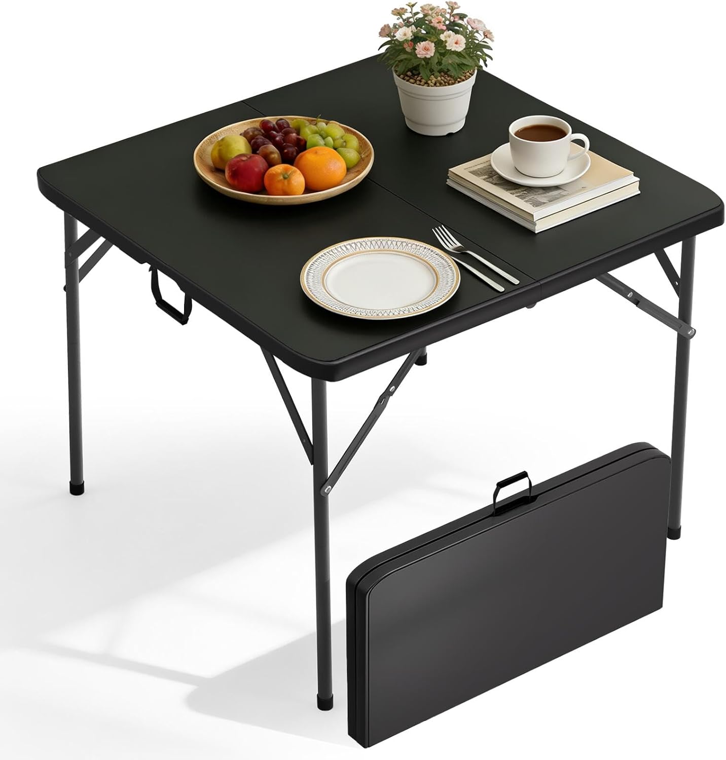 34" Square Plastic Folding Card Table - Portable Outdoor Dining Table with Collapsible Legs & Carrying Handle, Heavy Duty Plastic Table for Camping, Picnic, Office & Home(Black)