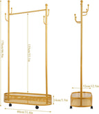 Cuteam Rolling Clothes Rack, Freestanding Metal Clothing Rack with Lockable Wheels, Mesh Storage Basket, Hooks, Movable Coat Rack for Bedroom Living Room (Golden)