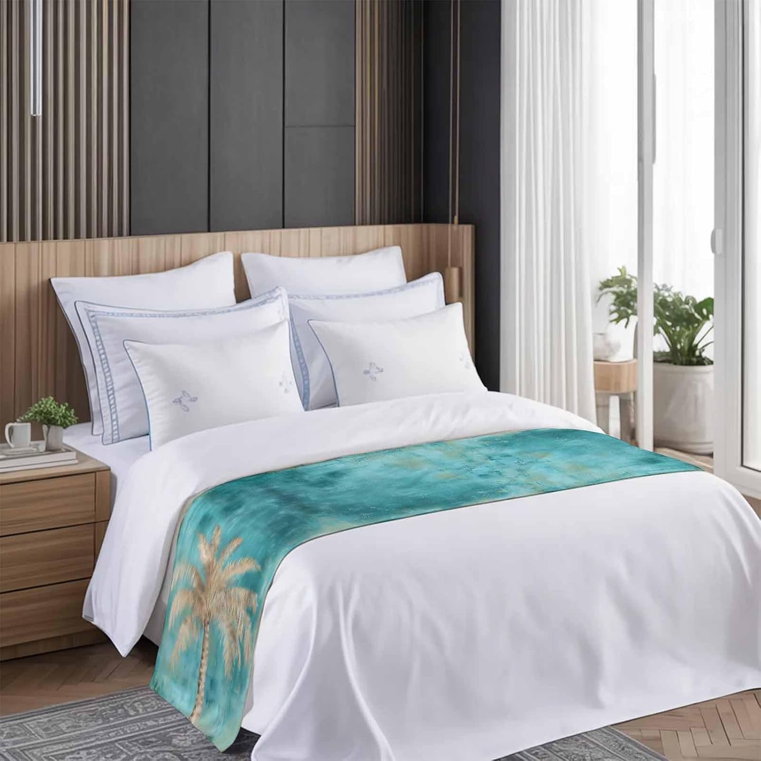 Coastal Beach Tree Bed Runner Scarf King Size, Vintage Teal Brown Tropical Palm Tree Luxury Bed Throw Runners & Scarves for Twin Full Queen King Foot of Beds, Bedroom Decoration, 94"x20"