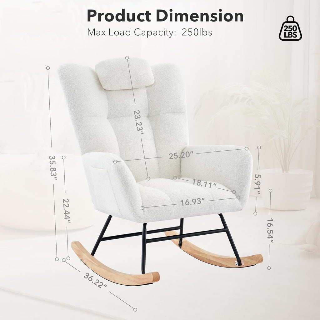 Nursery Rocking Chair, Upholstered Baby Fluffy Glider Rocker, Reading Chair with High Backrest, Accent Side Chairs for Living Room, Bedroom, Nursing