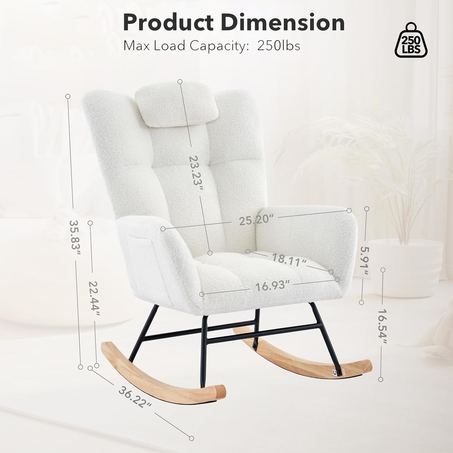 Nursery Rocking Chair, Upholstered Baby Fluffy Glider Rocker, Reading Chair with High Backrest, Accent Side Chairs for Living Room, Bedroom, Nursing