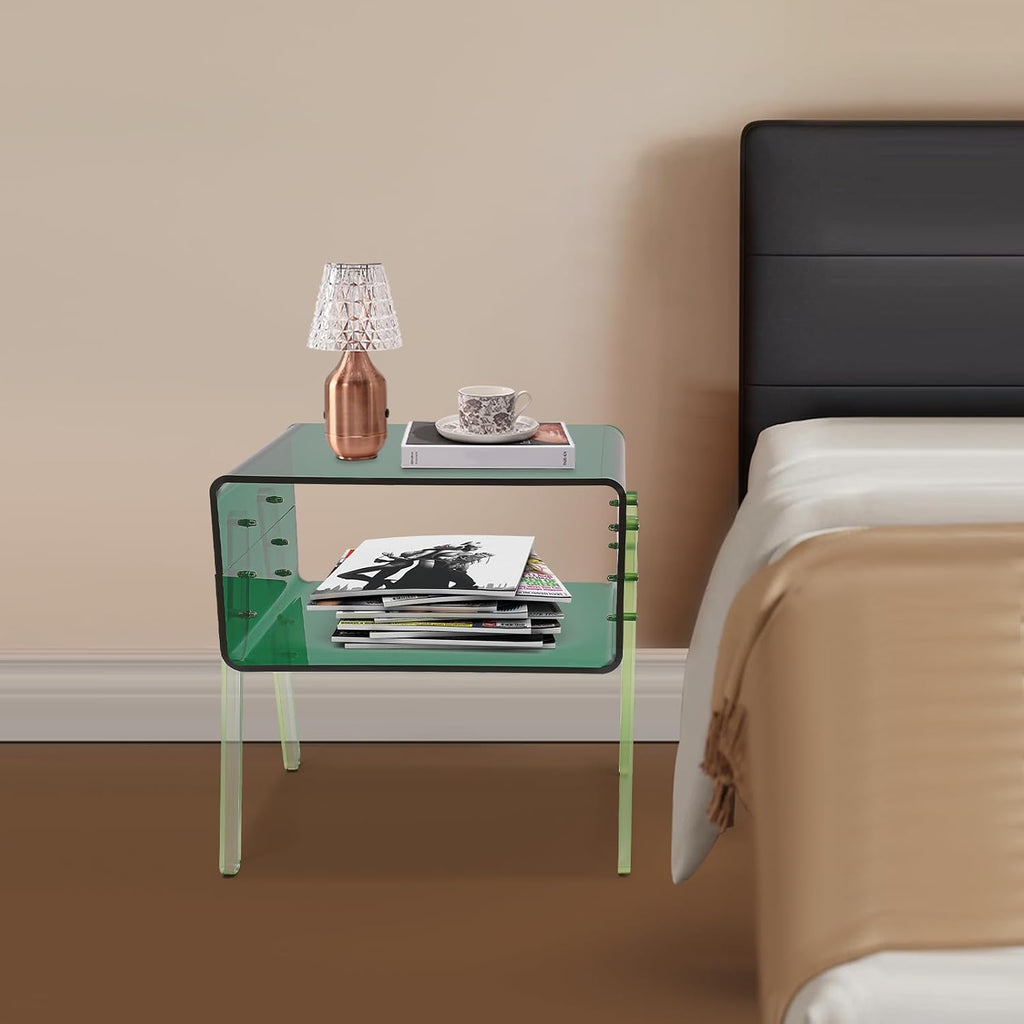 Acrylic Side Table, 2-Tier End Table with Open Storage for Small Spaces, Nightstand Bedside Table for Office, Bed Room, Conference Room (Green)