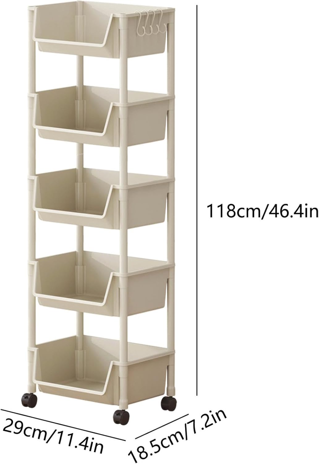 5-Tier Plastic Rolling Cart with Wheels, Multi Layer Storage Cart, Multi-Functional High-Borders Storage Trolley, Durable and Stable, Tiered Cart for Bathroom,Laundry, Living Room