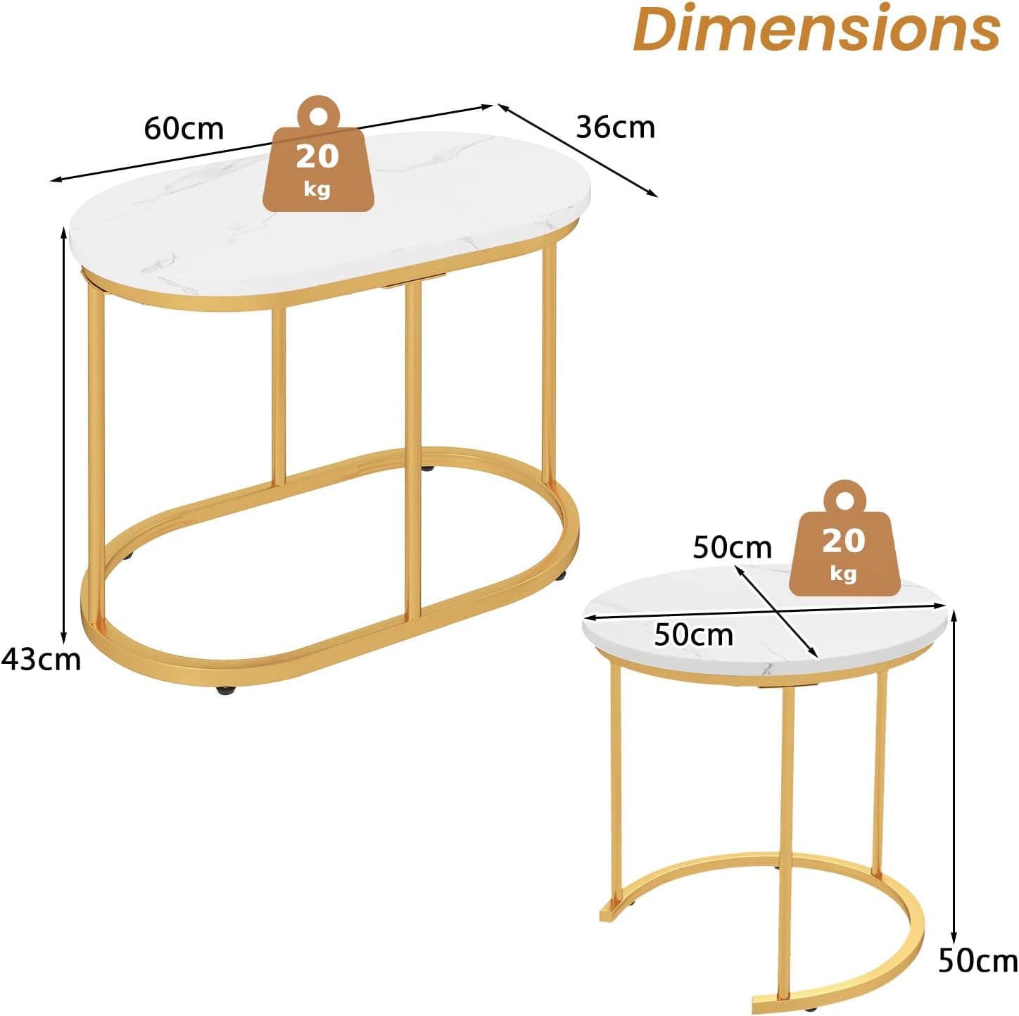CASART Set of 2 Nesting Tables, Faux Marble Stacking Sofa Side Tables 2PCS Round Coffee Table, Wooden Top & Steel Frame, Space Saving Accent Tea Tables for Living Room Bedroom Office (Marble+Golden)