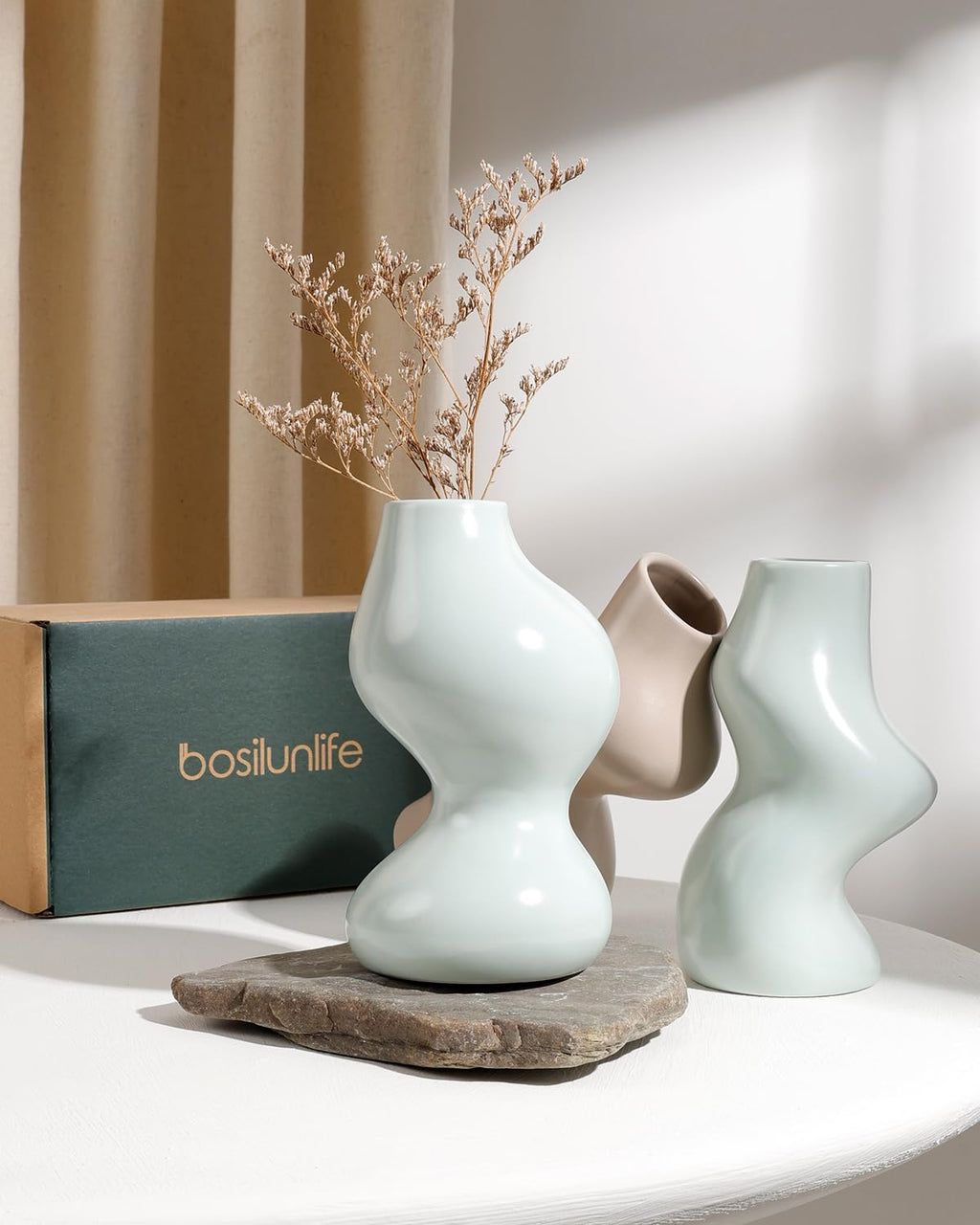 BosilunLife Decorative Vase Set of 3, Nested Interlocking Recycled Ceramic, Smooth Glossy Pastel Modern Decor, Sage Green & Khaki Centerpiece for Bookshelf