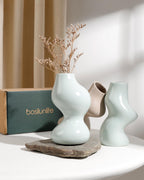 BosilunLife Decorative Vase Set of 3, Nested Interlocking Recycled Ceramic, Smooth Glossy Pastel Modern Decor, Sage Green & Khaki Centerpiece for Bookshelf