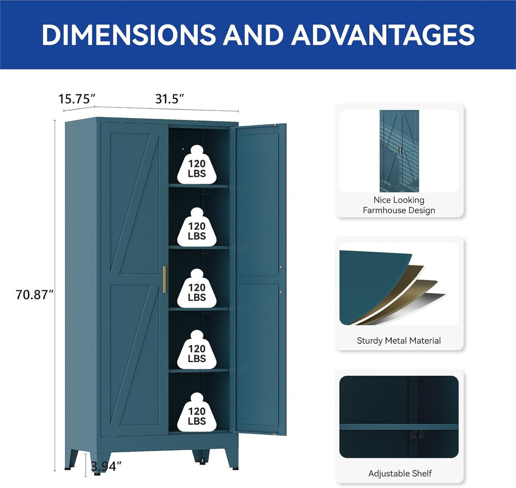 COFaR 71'' Tall Metal Storage Cabinet, Farmhouse Kitchen Pantry Cabinet with Doors and 4 Adjustable Shelves, Metal Pantry Storage Cabinets for Kitchen, Laundry, Peacock Blue 5-Tier