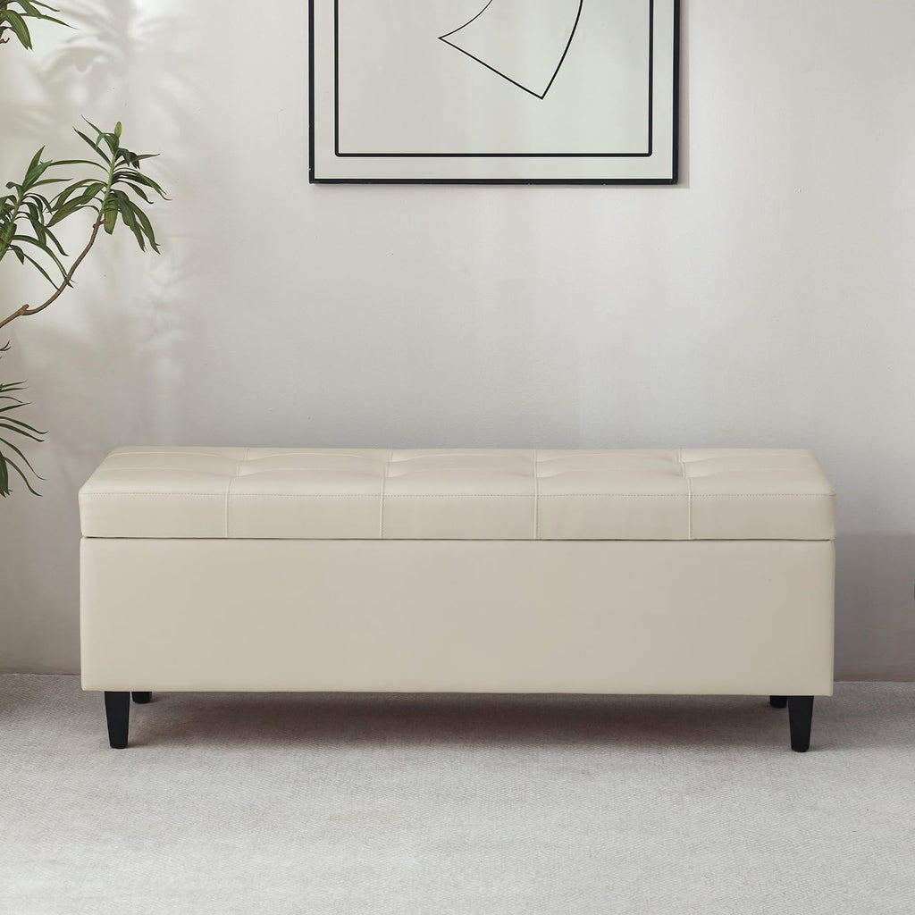 50.5 Inch Storage Ottoman Bench, Faux Leather Tufted Upholstered Bedroom Bench with Safety Hinges, Supports 300 lbs, Large Storage Bench for Living Room, Entryway (Cream)