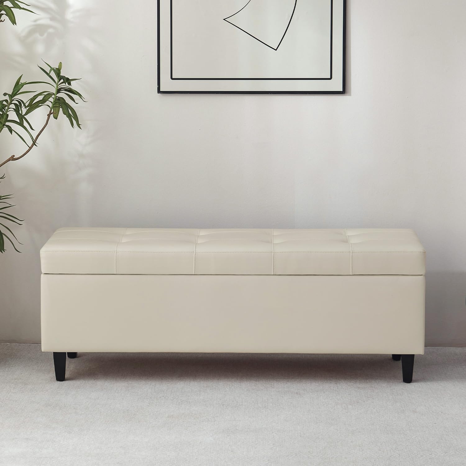50.5 Inch Storage Ottoman Bench, Faux Leather Tufted Upholstered Bedroom Bench with Safety Hinges, Supports 300 lbs, Large Storage Bench for Living Room, Entryway (Cream)