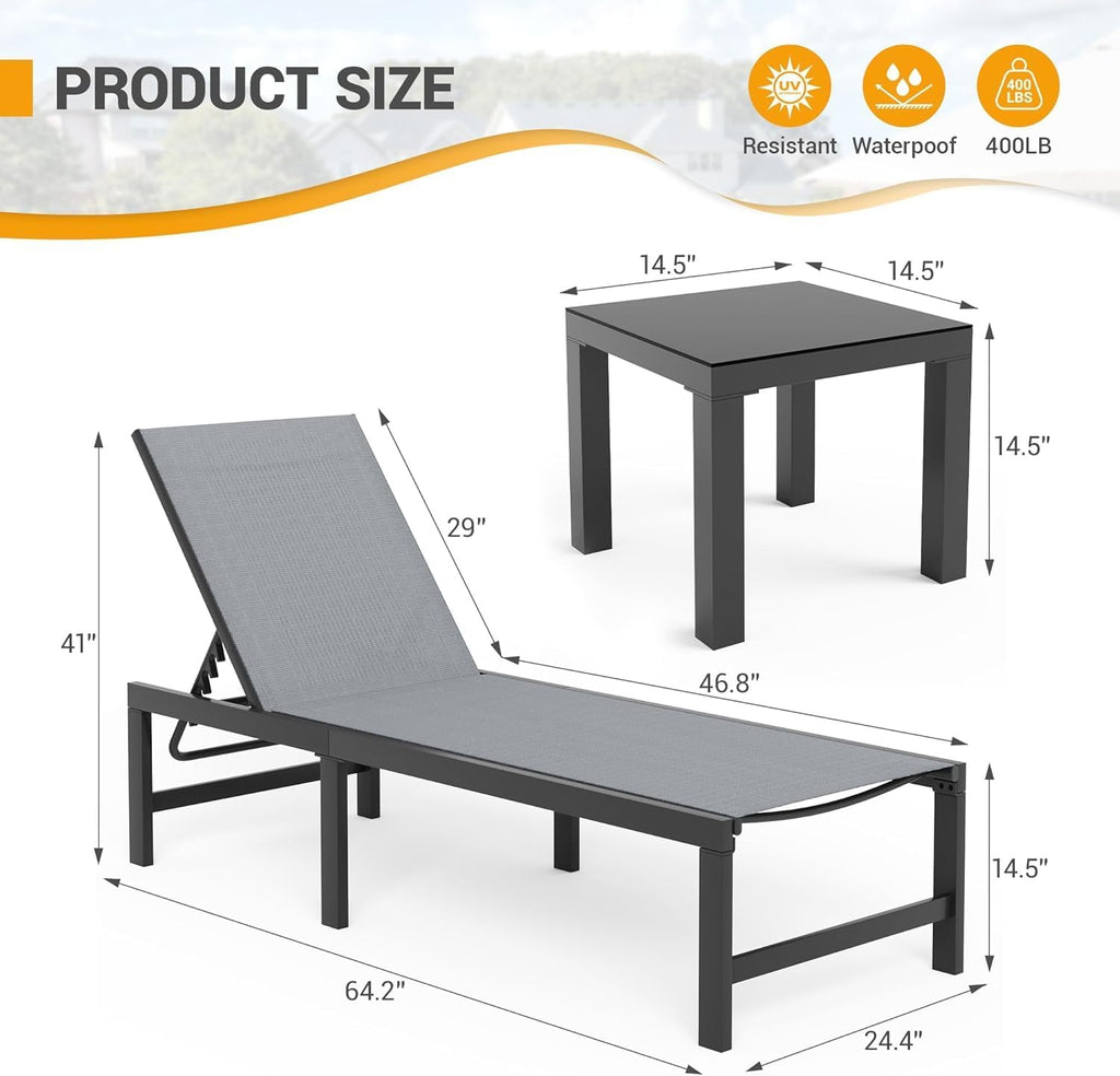 UDPATIO 3 Pieces Pool Lounge Chair Outdoor Chaise Chairs w/Table Adjustable 5-Position Recliner Poolside Sunloungers Lay Flat Sunbathing Chaise with Backrest for Patio,Beach,Yard