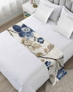 Bed Runner for King Size Bed, Blue Gray Spring Floral Decorative Bed Scarf Throws for Foot of Bed, Vintage Botanical Luxury Bedding Slipcover Bed Runners for Hotel/Home, 94 x 20 Inch