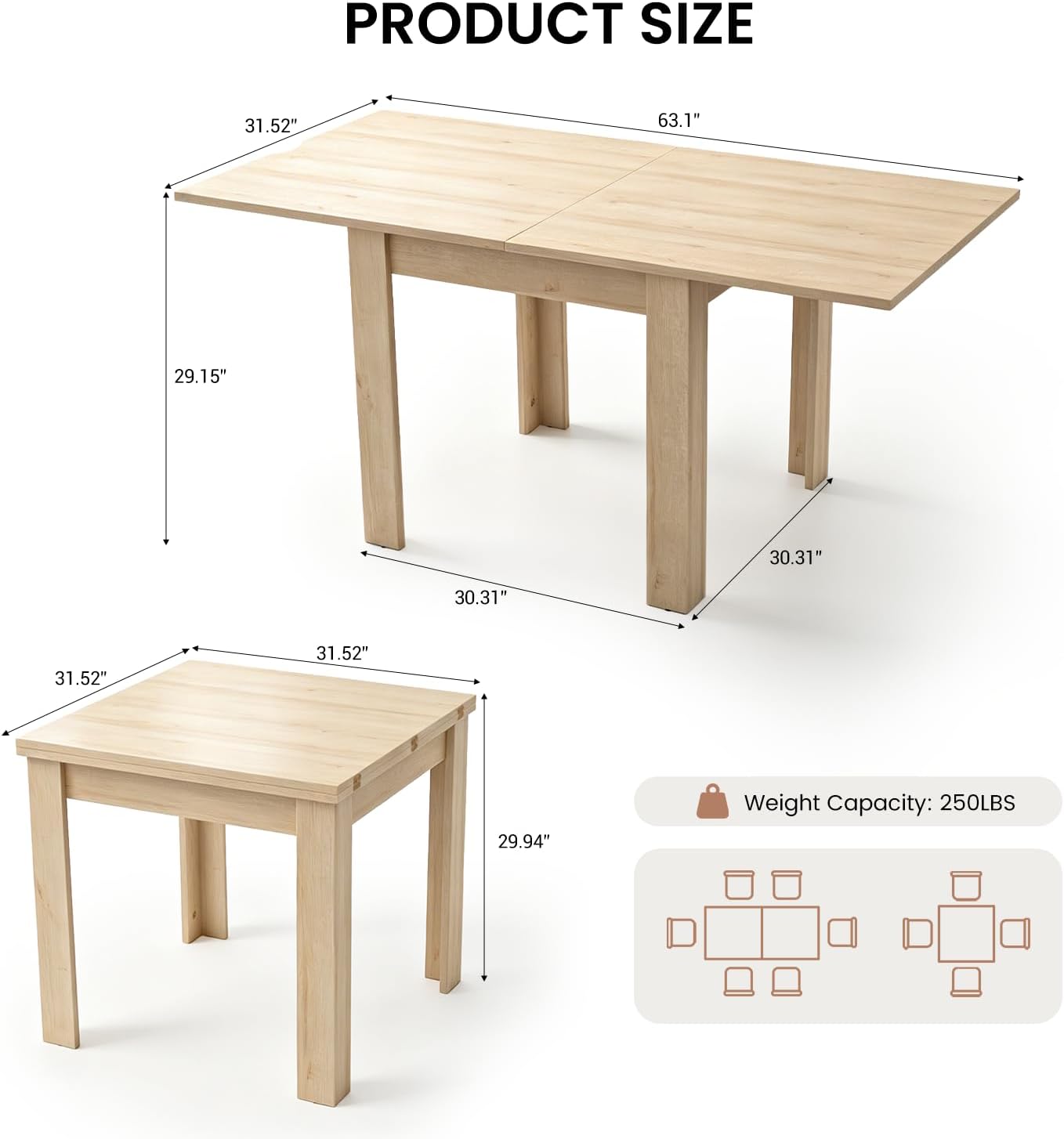 31.5"-63" Square Extendable Folding Dining Table, Natural Wood | Living Room, Kitchen, Dining Room, Space Saving, Drop Leaf, Modern Dining Room Table, Rectangular Dining Table, Seats 4-6