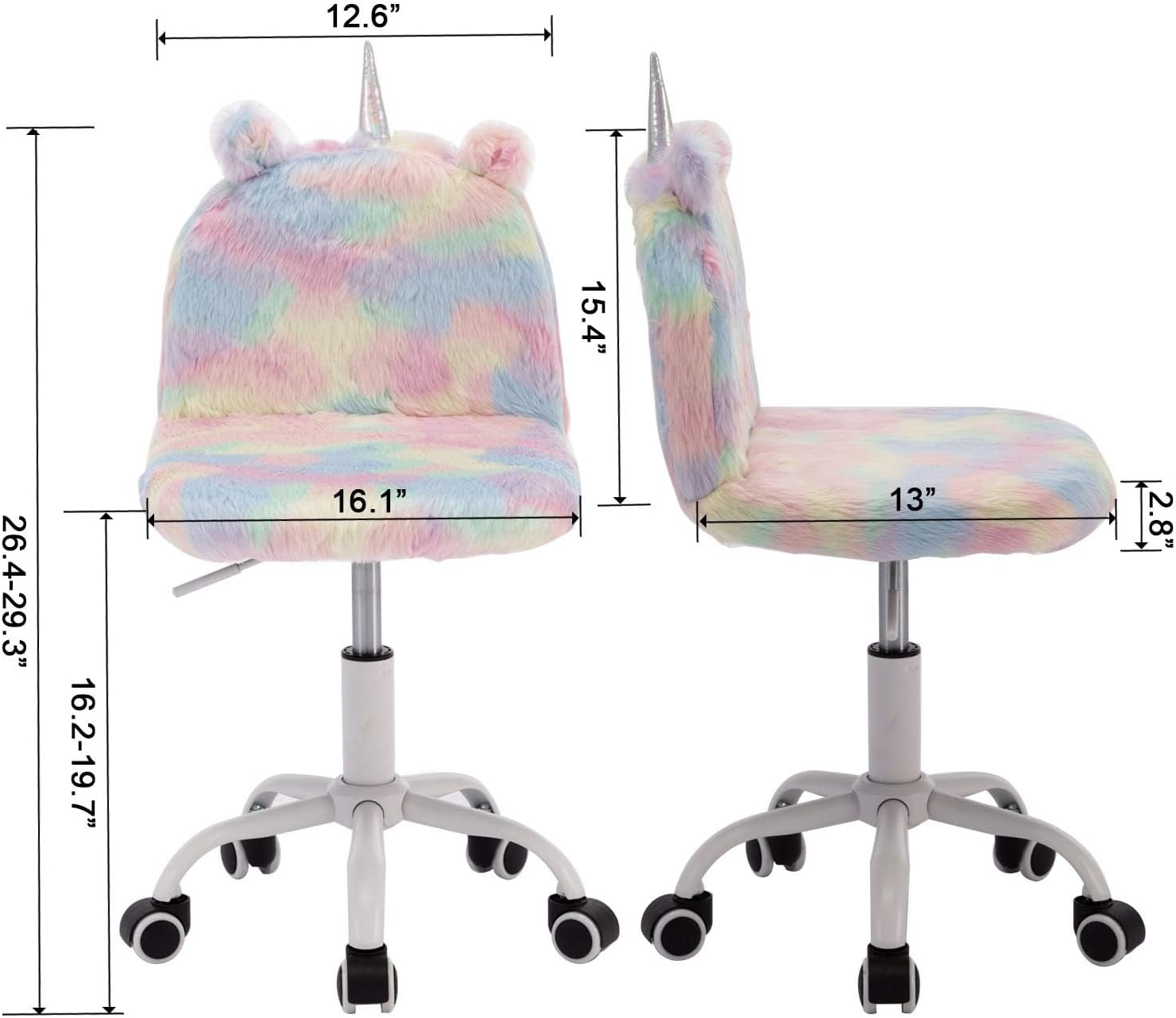 Cute Fuzzy Kids Chair Funny Rolling Study Desk Chair Colorful Girls Vanity Swivel Chair with White Foot