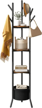 YMYNY Coat Rack, Freestanding Coat Stand with Storage Shelves, Hall Trees with 3 Wooden Shelves and 1 Fabric Basket, Metal Clothes Stand for Hats Bags Hallway Bedroom Rustic Brown UHGR005H
