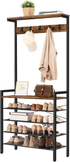 HOOBRO Hall Tree with Bench, Coat Rack with Shoe Storage, Shoe and Coat Rack, 5-Tier Entryway Shoe Storage, 5 Hooks, for 12-16 Pairs, Industrial, Hallway, Foyer, Mudroom, Rustic Brown BF74MT01