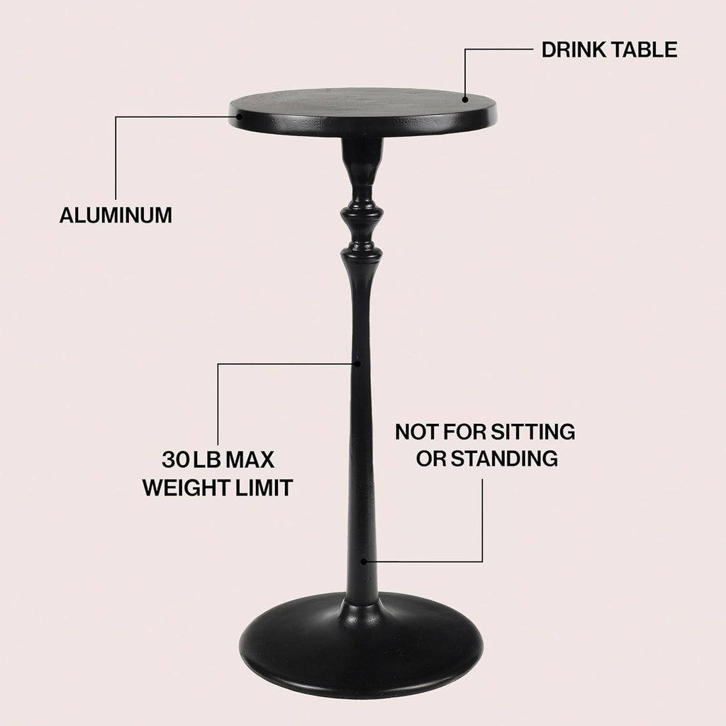 Eyely DNE4000B Lee 19.5" Art Deco Classic Pedestal Round Metal Drink Table and Decorative End Table for Living Room, Bedroom, Black