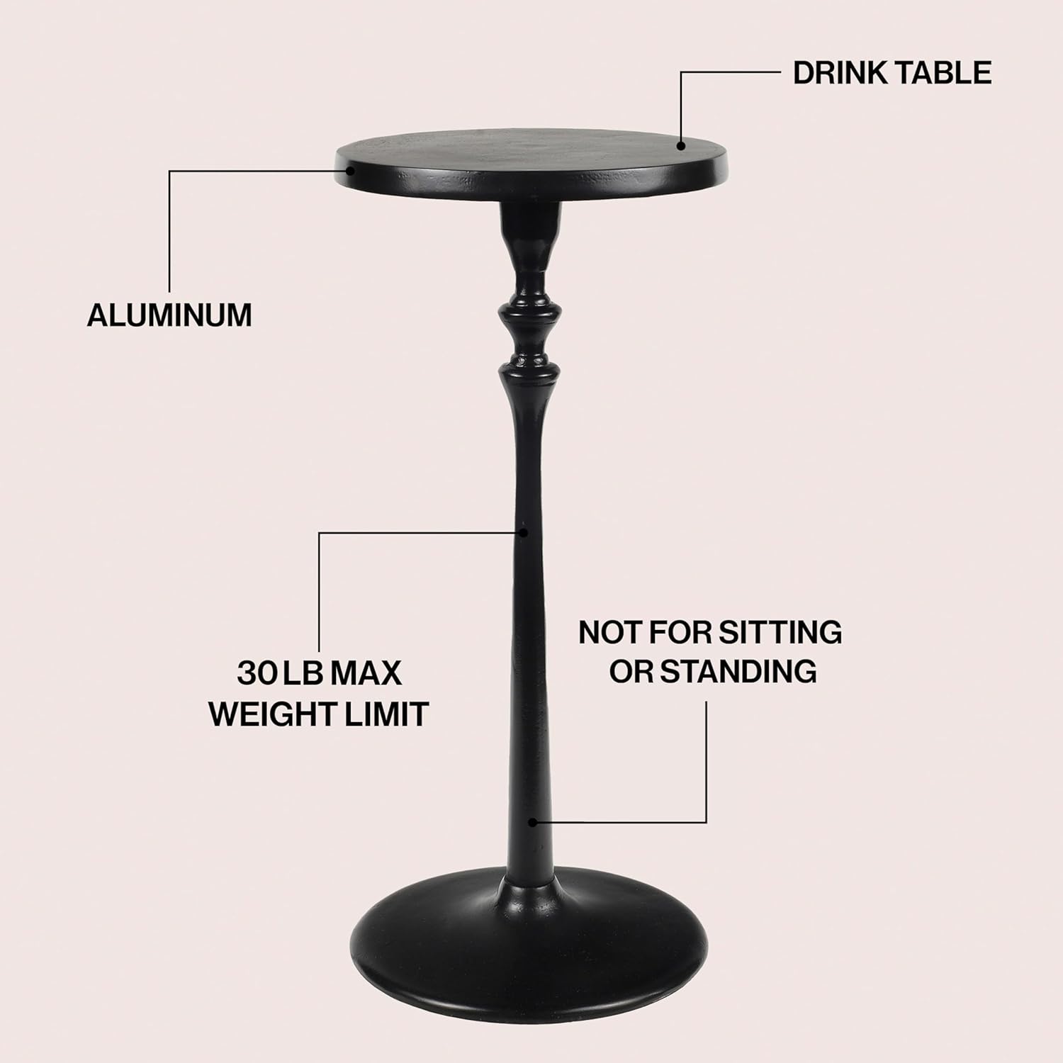 Eyely DNE4000B Lee 19.5" Art Deco Classic Pedestal Round Metal Drink Table and Decorative End Table for Living Room, Bedroom, Black