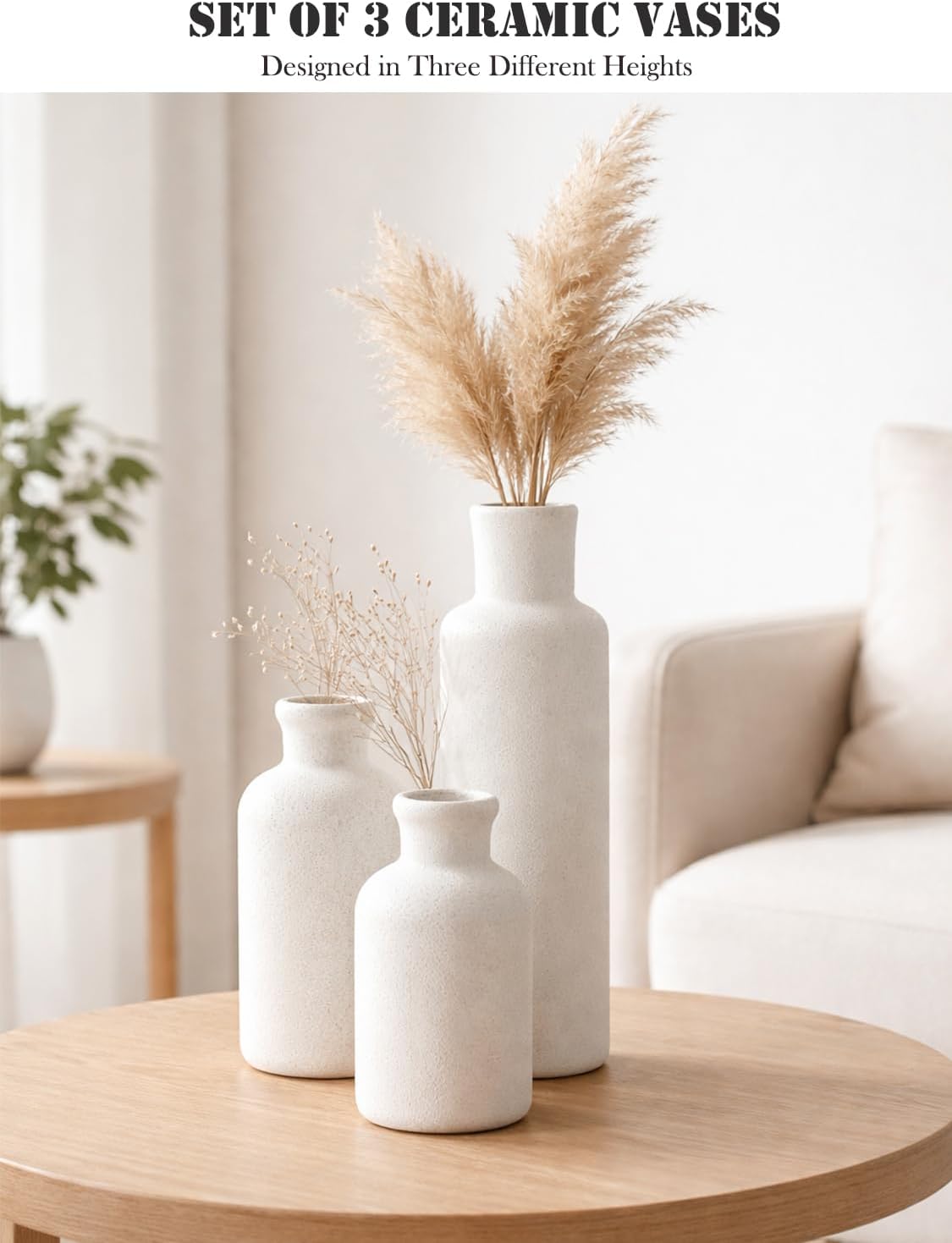 Ceramic Vase Set of 3 – Modern Minimalist White Vases with Matte Finish, Coordinated Tall Medium Short Decorative Vases for Home Decor