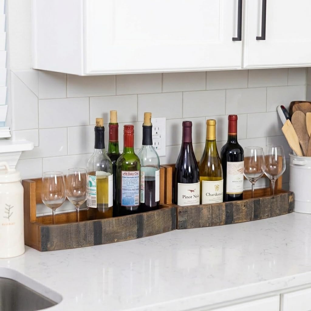 Liquor Bottle Display Shelf – Bar Shelf for Whiskey, Wine & Bourbon – Rustic Wall-Mounted Wooden Shelves, Countertop Rack, Stylish & Space-Saving Small Liquor Cabinet for Enthusiasts (Set of 2)