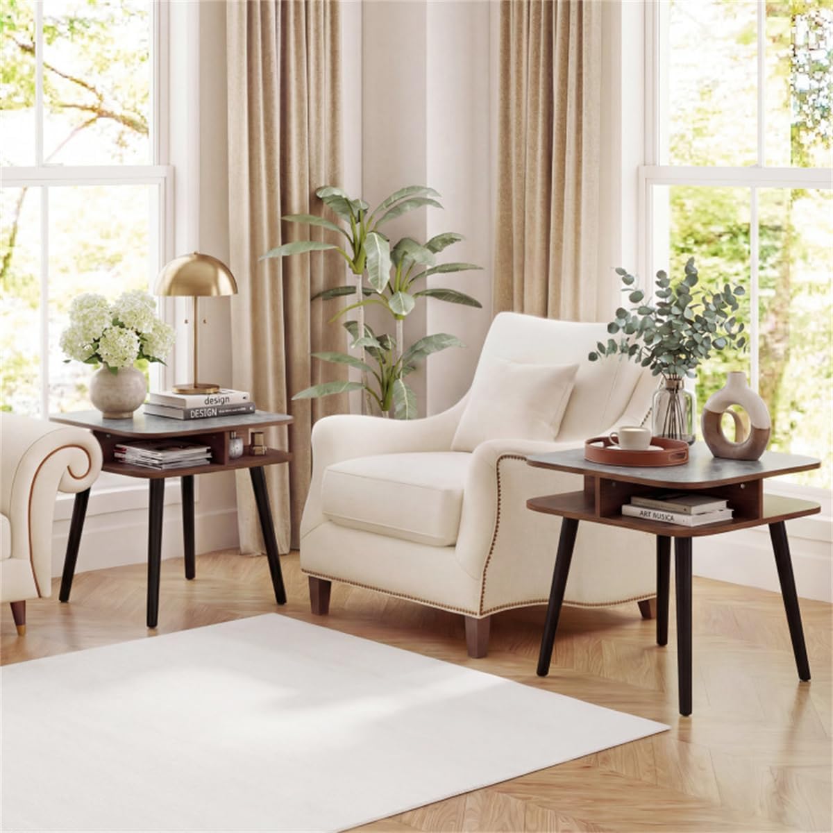 Faux Marble Side Table with 4-Sided Storage Shelves, 24" Square End Table with Rubber Wood Legs for Living Room Bedroom, Grey