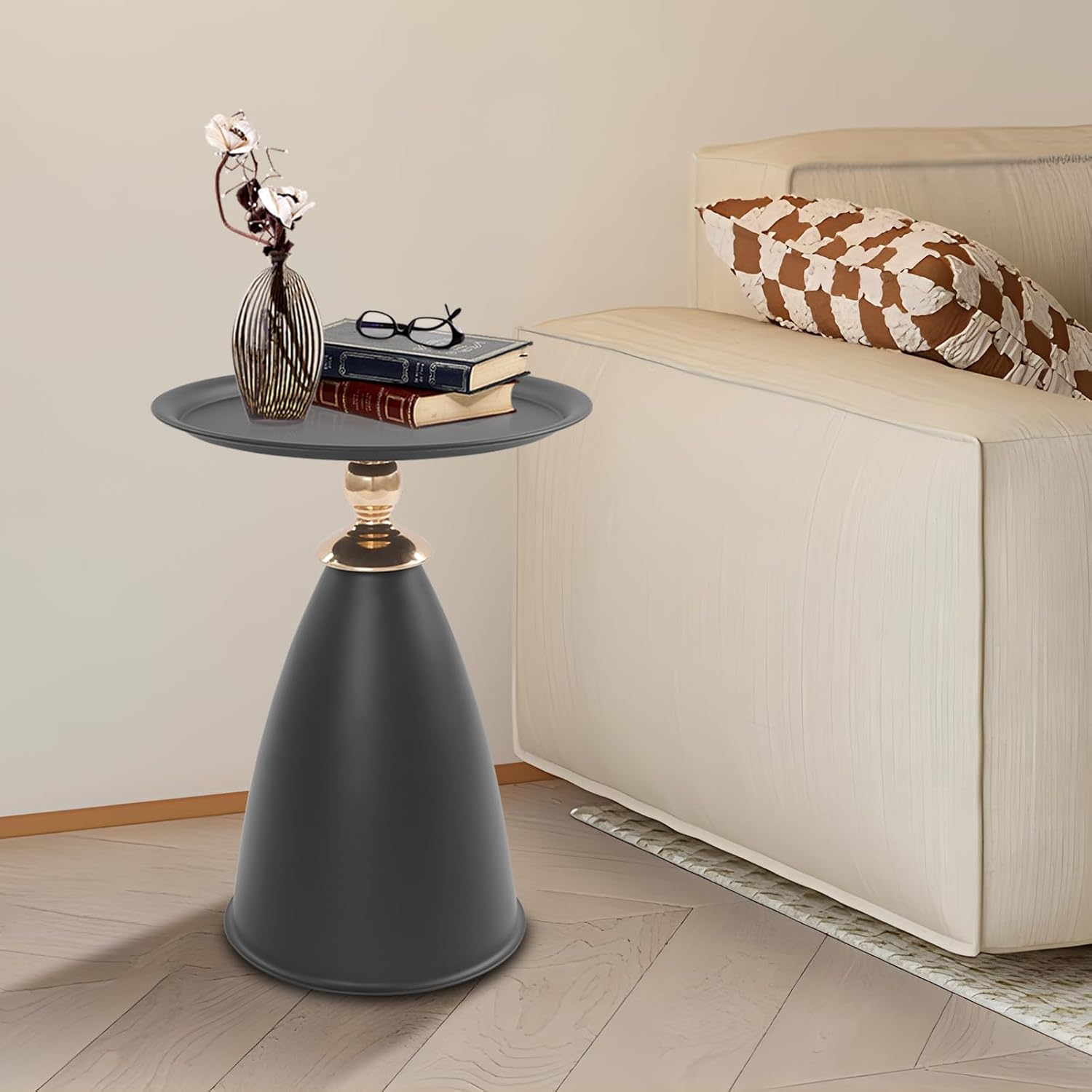 Round Side Table with Raised Edge, Cream White & Gold Accent Small End Table for Living Room Bedroom, 22 LB Capacity Modern Sofa Table, Easy Assembly Minimalist Nightstand (Black)