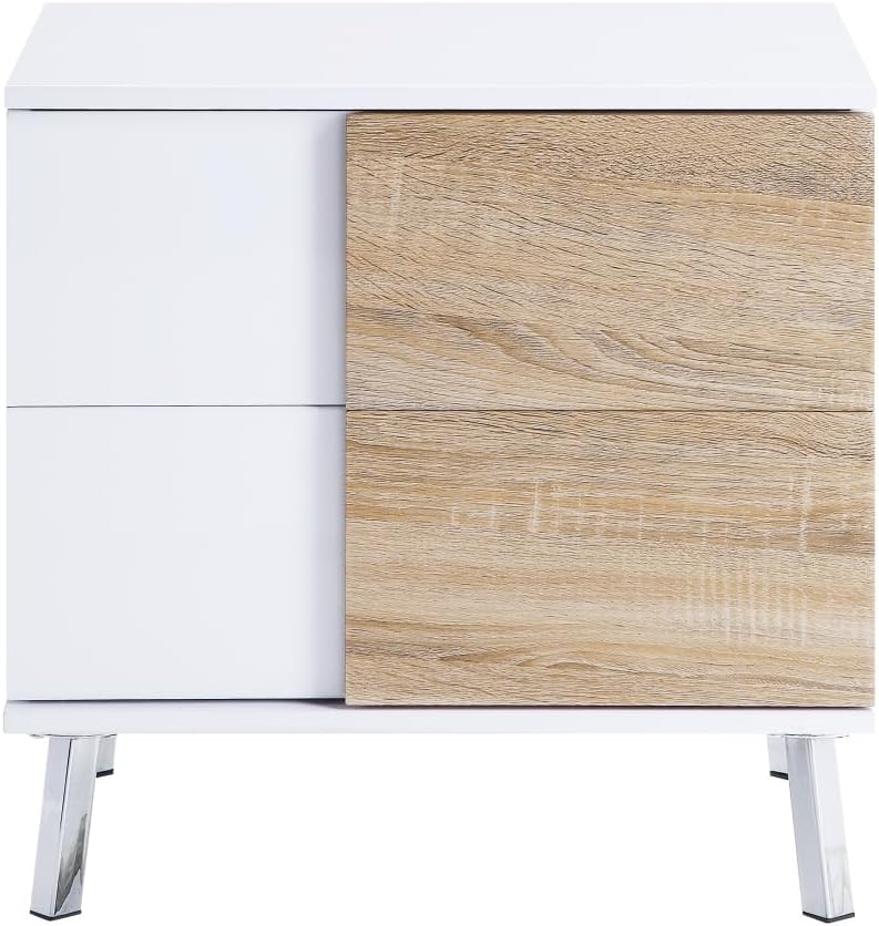 Verux White High Gloss End Table - 2 Storage Drawers, Chrome Flared Legs, Durable MDF Living Room Decor, Modern Home Accent