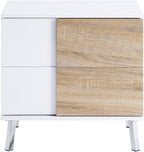 Verux White High Gloss End Table - 2 Storage Drawers, Chrome Flared Legs, Durable MDF Living Room Decor, Modern Home Accent