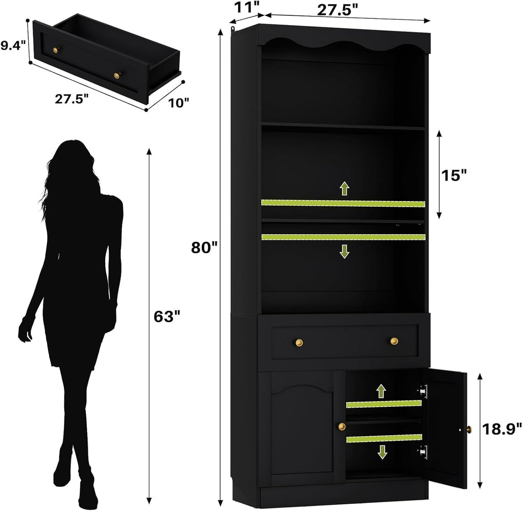 Cyclysio 80" Tall Pantry Cabinet with 3-Tier Open Shelves, Black Kitchen Pantry Storage Cabinet with Drawer, Kitchen Organizer with Built-in Baseboard Notch for Kitchen, Living Room, Bathroom