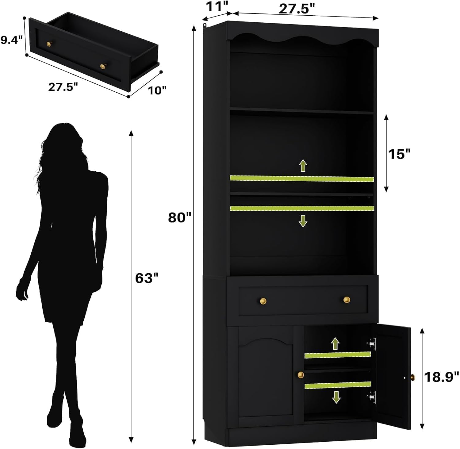 Cyclysio 80" Tall Pantry Cabinet with 3-Tier Open Shelves, Black Kitchen Pantry Storage Cabinet with Drawer, Kitchen Organizer with Built-in Baseboard Notch for Kitchen, Living Room, Bathroom