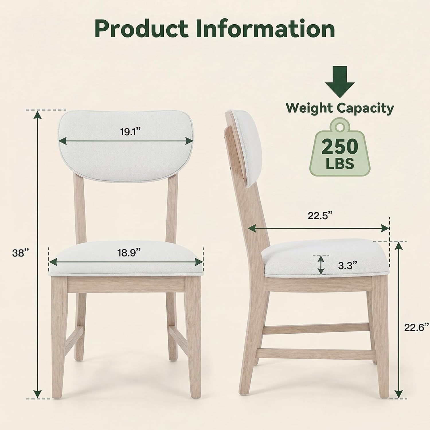 COLAMY Solid Wood Dining Chairs Set of 4, Mid Century Modern Upholstered Kitchen Chairs with 3.3" Thick Cushion & Anti-Slip Pads, Farmhouse Rubber Wood Dining Room Chairs, Oak Nature