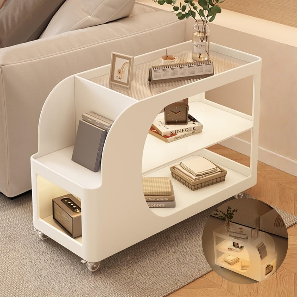 Mobile Sofa Side Table with Wheels, Metal Rolling End Table with Storage, 3-Tier Compact Tea Cart for Living Room, Terrace(Black,Medium)