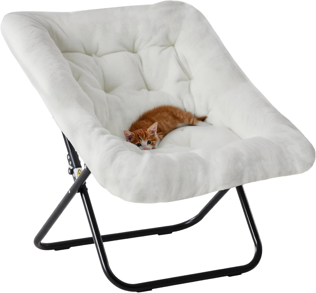 DUMOS Saucer Chair, Cozy Faux Fur Folding Chair with Sturdy Black Metal Frame, Soft Plush Padded Square Lounge for Bedroom Living Room Dorm, Anti-Slip Portable Accent, White