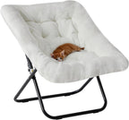 DUMOS Saucer Chair, Cozy Faux Fur Folding Chair with Sturdy Black Metal Frame, Soft Plush Padded Square Lounge for Bedroom Living Room Dorm, Anti-Slip Portable Accent, White