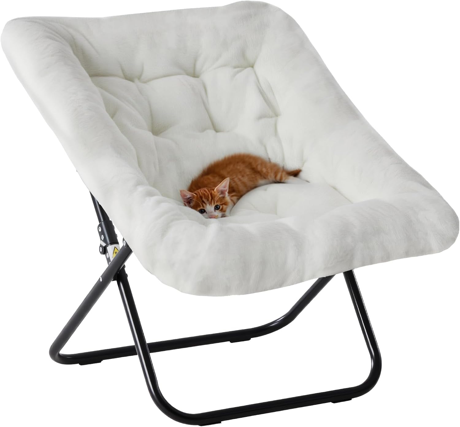 DUMOS Saucer Chair, Cozy Faux Fur Folding Chair with Sturdy Black Metal Frame, Soft Plush Padded Square Lounge for Bedroom Living Room Dorm, Anti-Slip Portable Accent, White