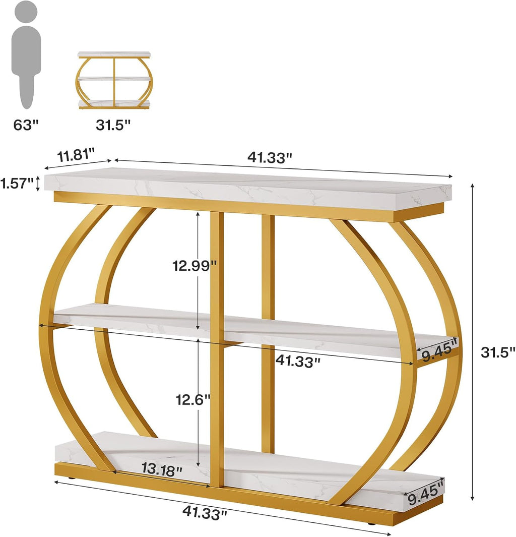 Tribesigns 41.3" Console Table, Industrial 3-Tier Entryway Table with Arched Metal Frame and Storage Shelves for Living Room, Hallway, White Gold