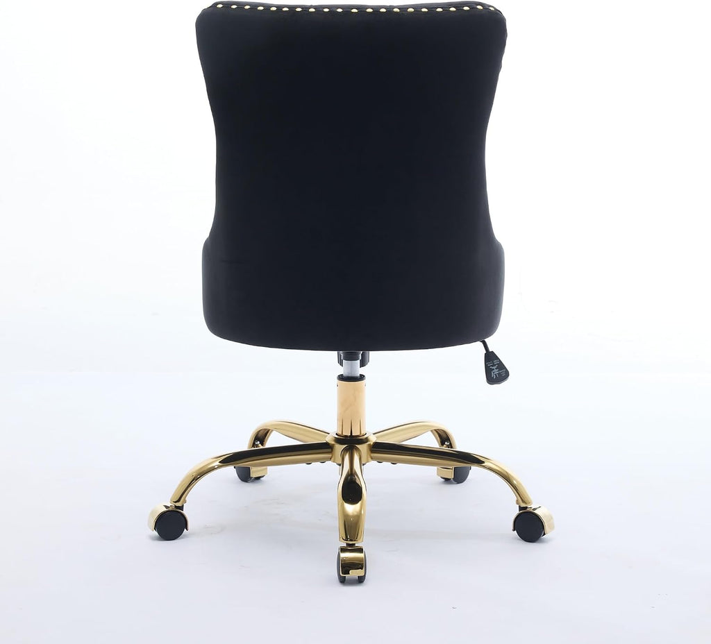 Modern Velvet Office Chair with Tufted Button Design, Adjustable Swivel Desk Chair with Golden Metal Base for Home and Office,Black