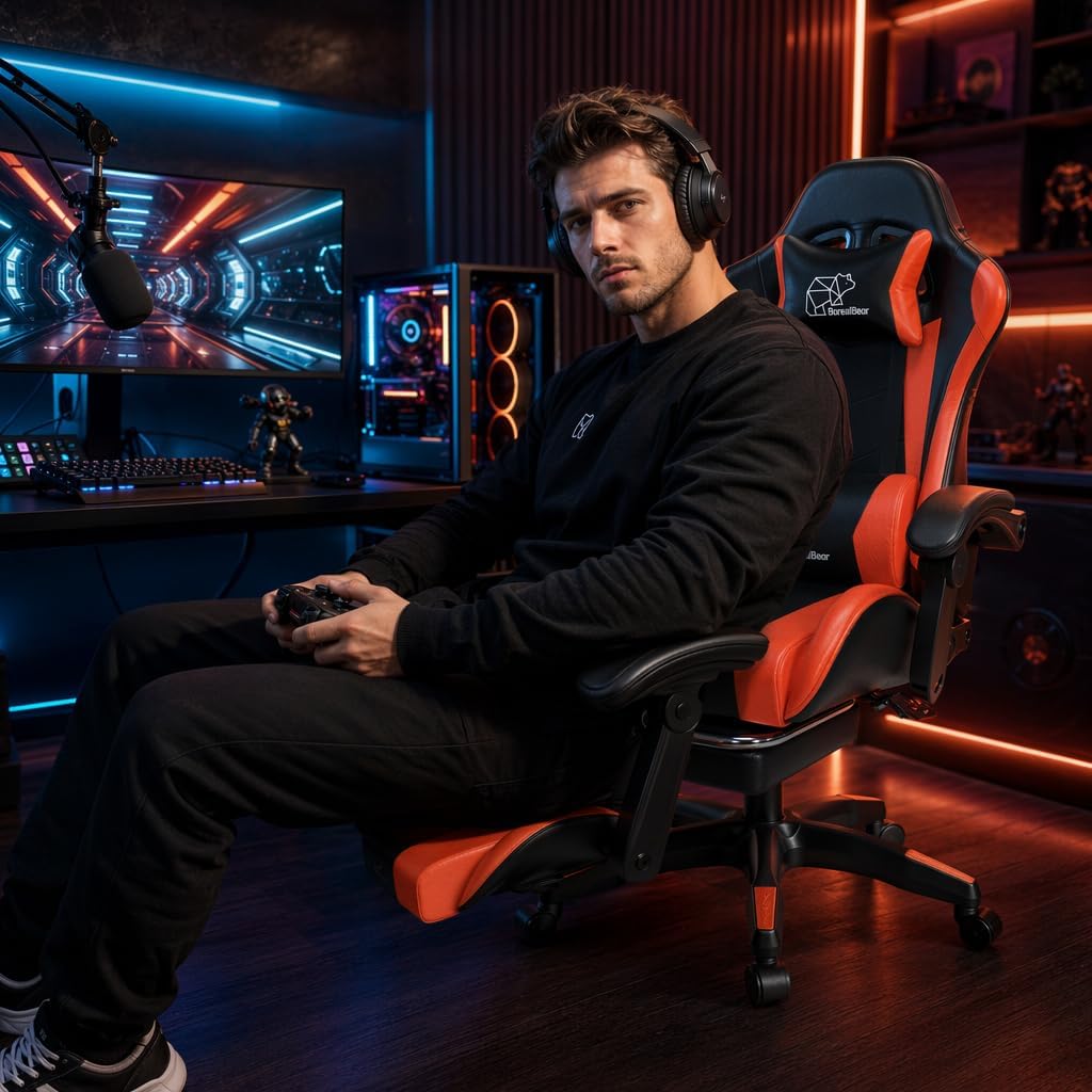 Ergonomic Gaming Chair with Footrest for Adults, Reclining High-Back Computer Chair with Lumbar Support & Headrest, PU Leather Height Adjustable Gaming Chair with Linked Armrests, Orange Black