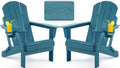 Folding Adirondack Chair, Patio Chair Wood Texture, Outdoor Chair Weather Resistant, Fire Pit Chair with Cup Holder, Composite Adirondack Chair Set of 2(Navy Blue)