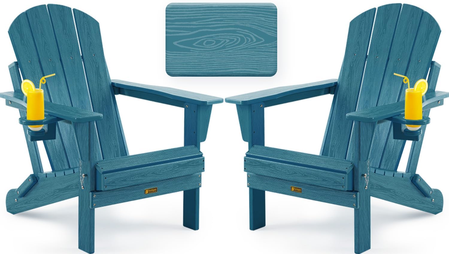 Folding Adirondack Chair, Patio Chair Wood Texture, Outdoor Chair Weather Resistant, Fire Pit Chair with Cup Holder, Composite Adirondack Chair Set of 2(Navy Blue)