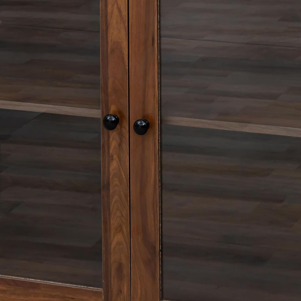 Freestanding Storage Cabinet with 4 Dawers, 3 Shelves, 2 French Doors, Rectangular Wood Kitchen Pantry, Farmhouse, for Living Room, Dining Room, Walnut
