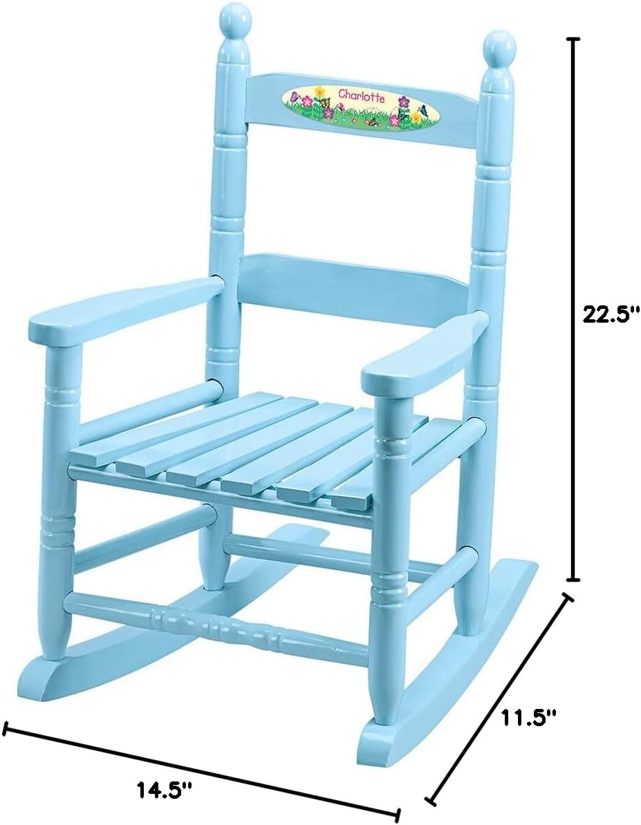 Fox Valley Traders Custom Childrens Rocking Chair, Features Classic Rocker Design and Hardwood Construction, Blue Finish with Flowers & Buterflies Design