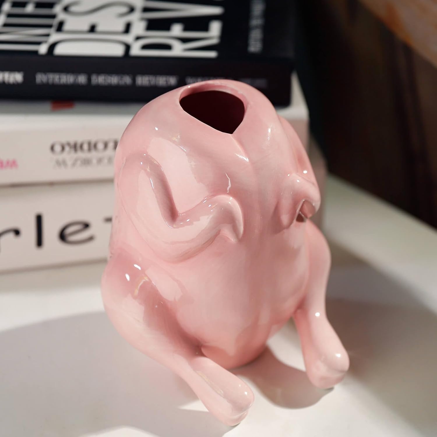 Quirky Pink Ceramic Raw Chicken Vase - Funny Uncooked Turkey Planter, Whimsical Dopamine Decor for Home & Office, Hilarious White Elephant Gag Gift, Unique Conversation Starter